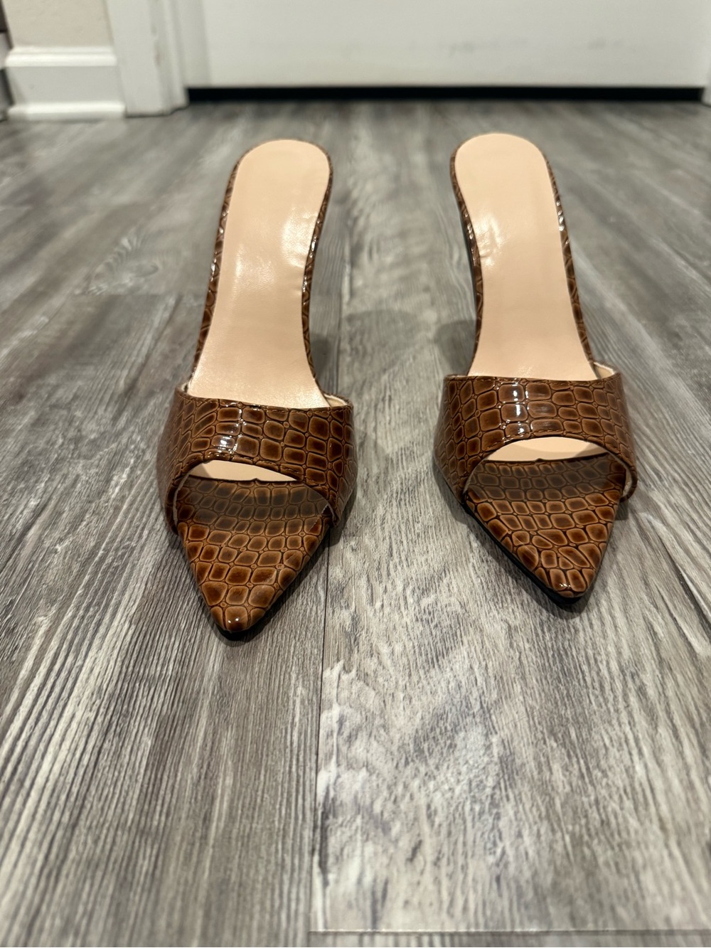 Avon Brown Croc-Embossed Open-Toe Stiletto Heels with Gold Heel - Picture 2 of 5